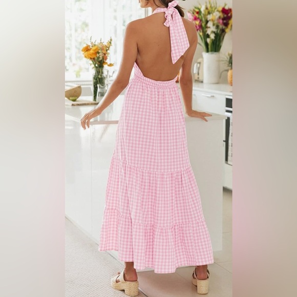 Zesica Summer Crossover Halter Neck Plaid Smock Cutout Backless Flowy Maxi Dress - Picture 3 of 12